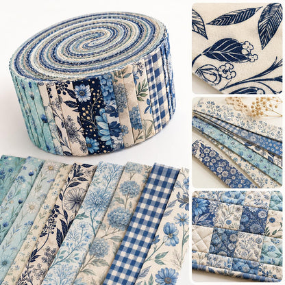 10pcs Vintage Blue Hydrangea Floral Pattern Jelly Roll Fabric Strips 2.5X19.7inch Pre-Cut 100% Polyester For Patchwork Quilts, Table Runners, Placemats, Tote Bags, Storage Pouches, Makeup Bags, Coasters, Quilt Blocks & Binding
