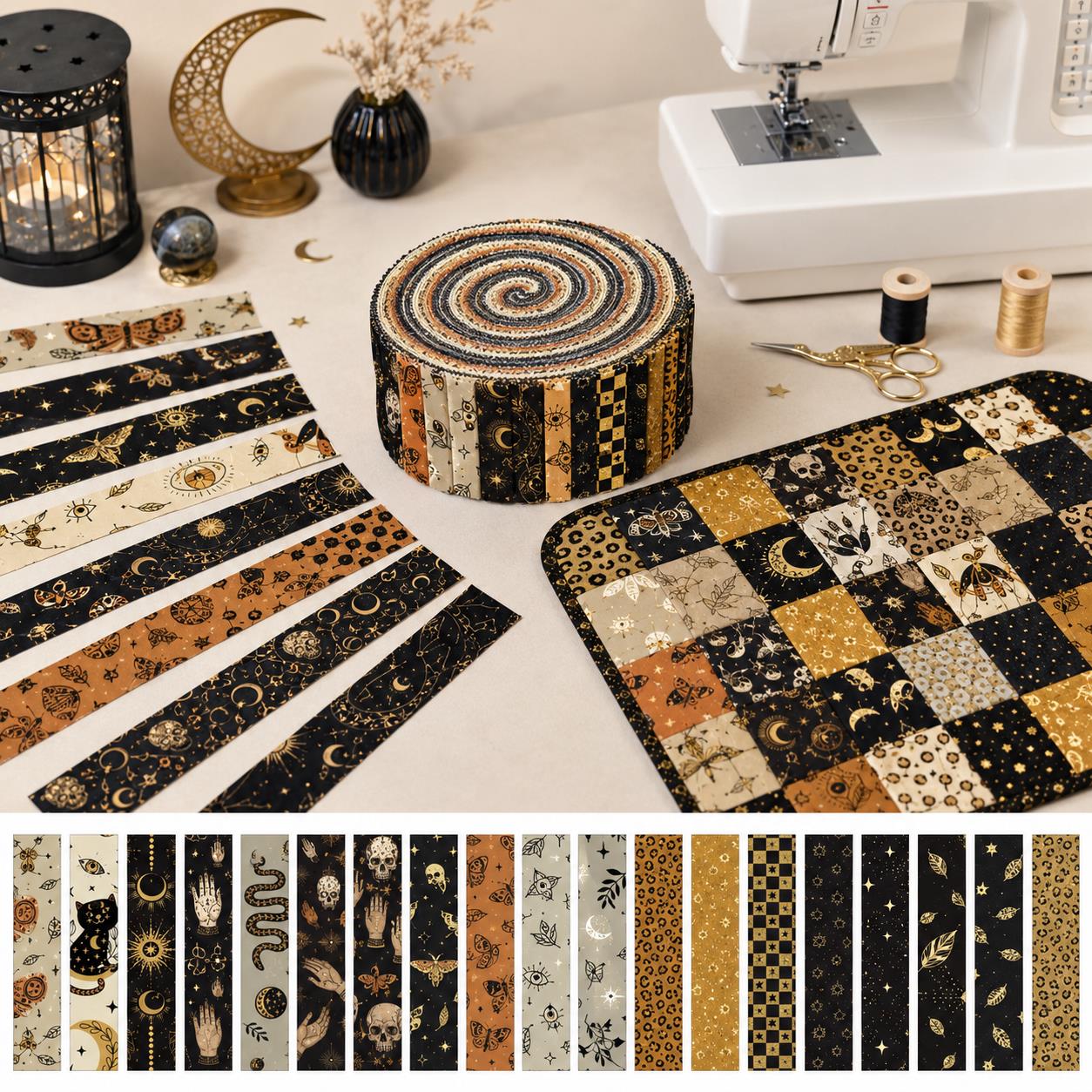 20pcs Skull Hand Black Series Jelly Roll Sliced Fabric Strips 2.5X19.7inch Delicate Printed Multi-Color 100% Polyester for DIY Handmade Patchwork, Table Runners, Placemats, Tote Bags, Storage Pouches, Makeup Bags, Coasters, Quilt Blocks & Binding Pre-cut