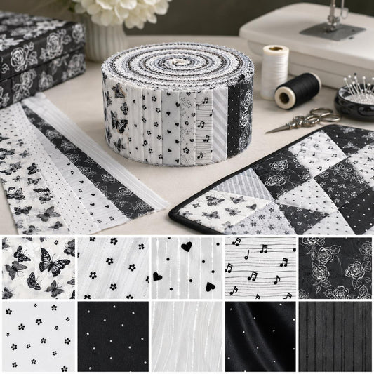 10Pc/Set, Making 10 Images 1pc Each, Each Size: 6.3*50cm Butterfly Floral Heart Black and White Series Sliced Fabric Set Style Combination, Polyester Jelly Roll Fabric Strips, Pre-Cut Quilting Squares, For Quilting DIY, Handicrafts And Sewing, Blankets