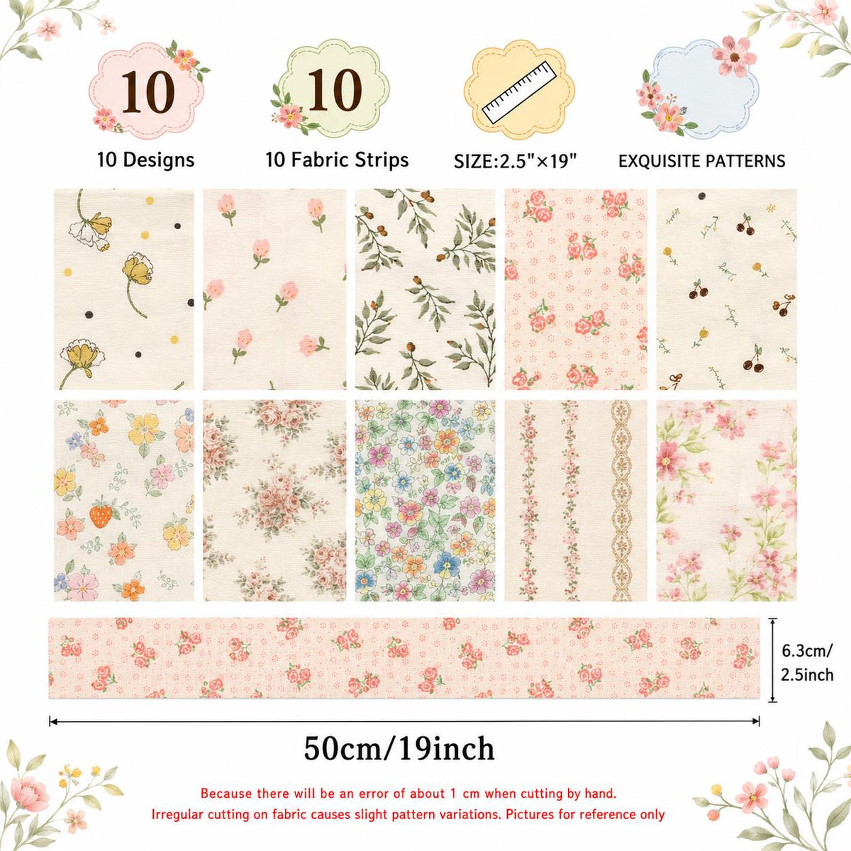 10pcs Vintage Floral Pattern Jelly Roll Fabric Strips 2.5X19.7inch Pre-cut 100% Polyester for Patchwork Quilts, Table Runners, Placemats, Tote Bags, Storage Pouches, Makeup Bags, Coasters, Quilt Blocks & Binding Multi-color