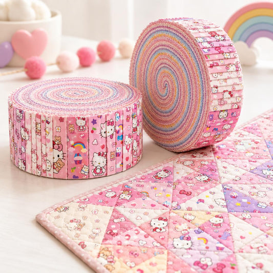 10pcs Vintage Sanrio Hello Kitty Pattern Jelly Roll Fabric Strips 2.5X19.7inch Pre-Cut 100% Polyester For Patchwork Quilts, Table Runners, Placemats, Tote Bags, Storage Pouches, Makeup Bags, Coasters, Quilt Blocks & Binding