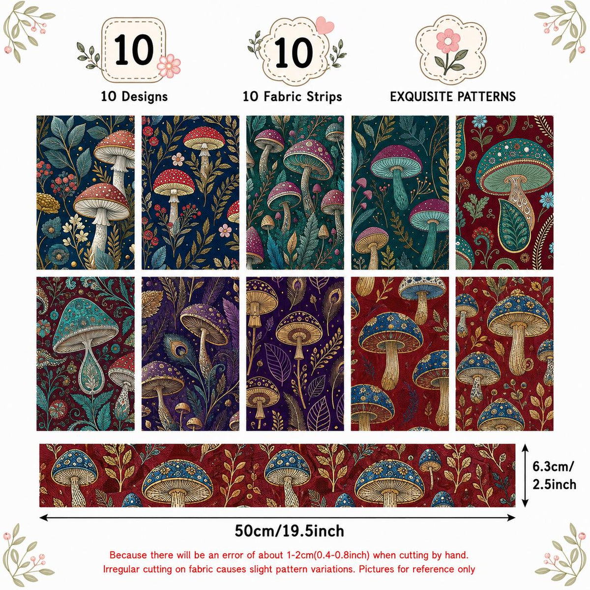 10pcs Vintage Mushroom Floral Pattern Jelly Roll Fabric Strips 2.5X19.7inch Pre-Cut 100% Polyester For Patchwork Quilts, Table Runners, Placemats, Tote Bags, Storage Pouches, Makeup Bags, Coasters, Quilt Blocks & Binding