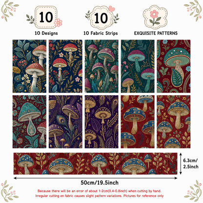 10pcs Vintage Mushroom Floral Pattern Jelly Roll Fabric Strips 2.5X19.7inch Pre-Cut 100% Polyester For Patchwork Quilts, Table Runners, Placemats, Tote Bags, Storage Pouches, Makeup Bags, Coasters, Quilt Blocks & Binding