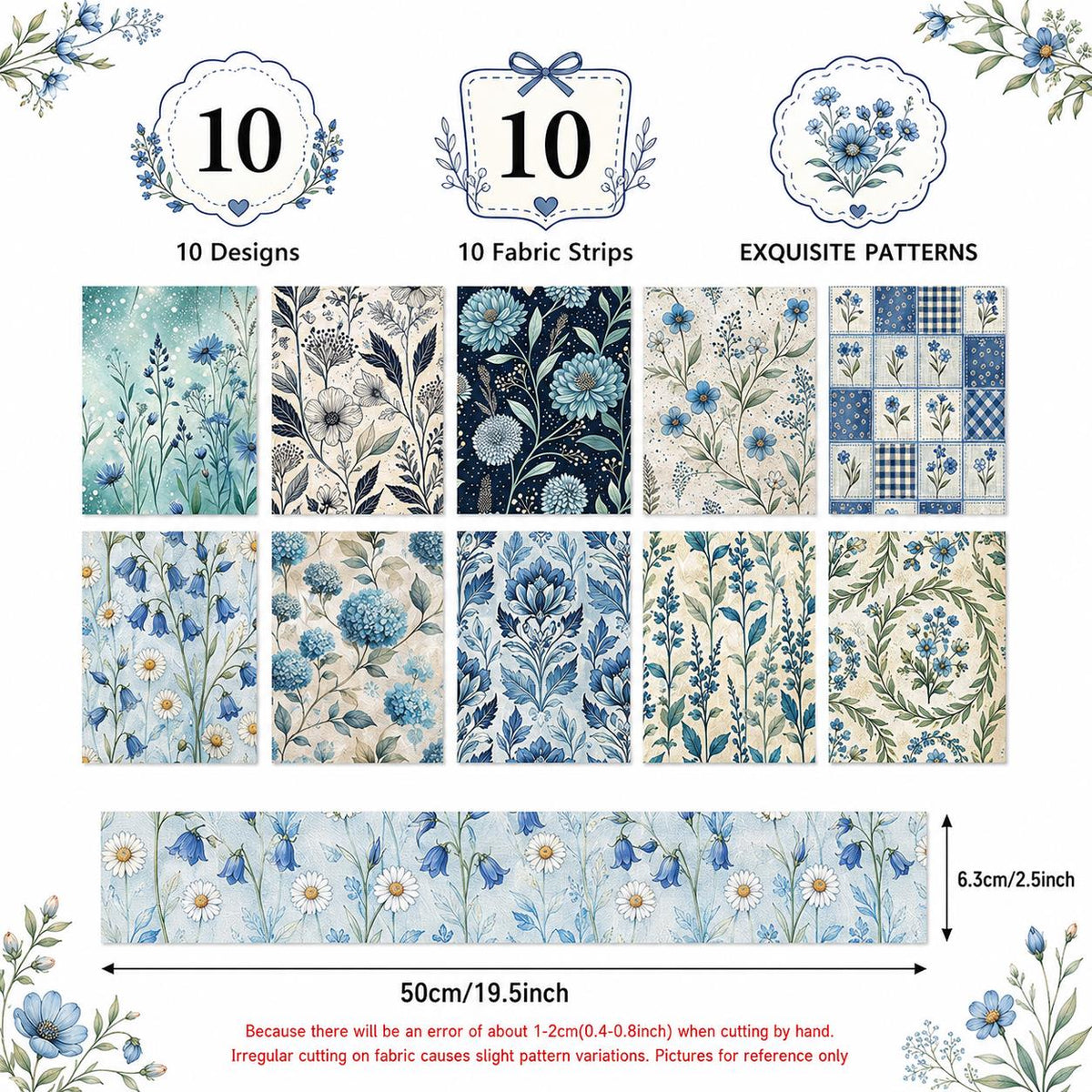 10pcs Vintage Blue Hydrangea Floral Pattern Jelly Roll Fabric Strips 2.5X19.7inch Pre-Cut 100% Polyester For Patchwork Quilts, Table Runners, Placemats, Tote Bags, Storage Pouches, Makeup Bags, Coasters, Quilt Blocks & Binding