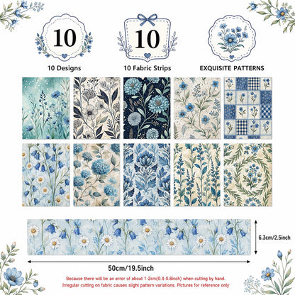 10pcs Vintage Blue Hydrangea Floral Pattern Jelly Roll Fabric Strips 2.5X19.7inch Pre-Cut 100% Polyester For Patchwork Quilts, Table Runners, Placemats, Tote Bags, Storage Pouches, Makeup Bags, Coasters, Quilt Blocks & Binding