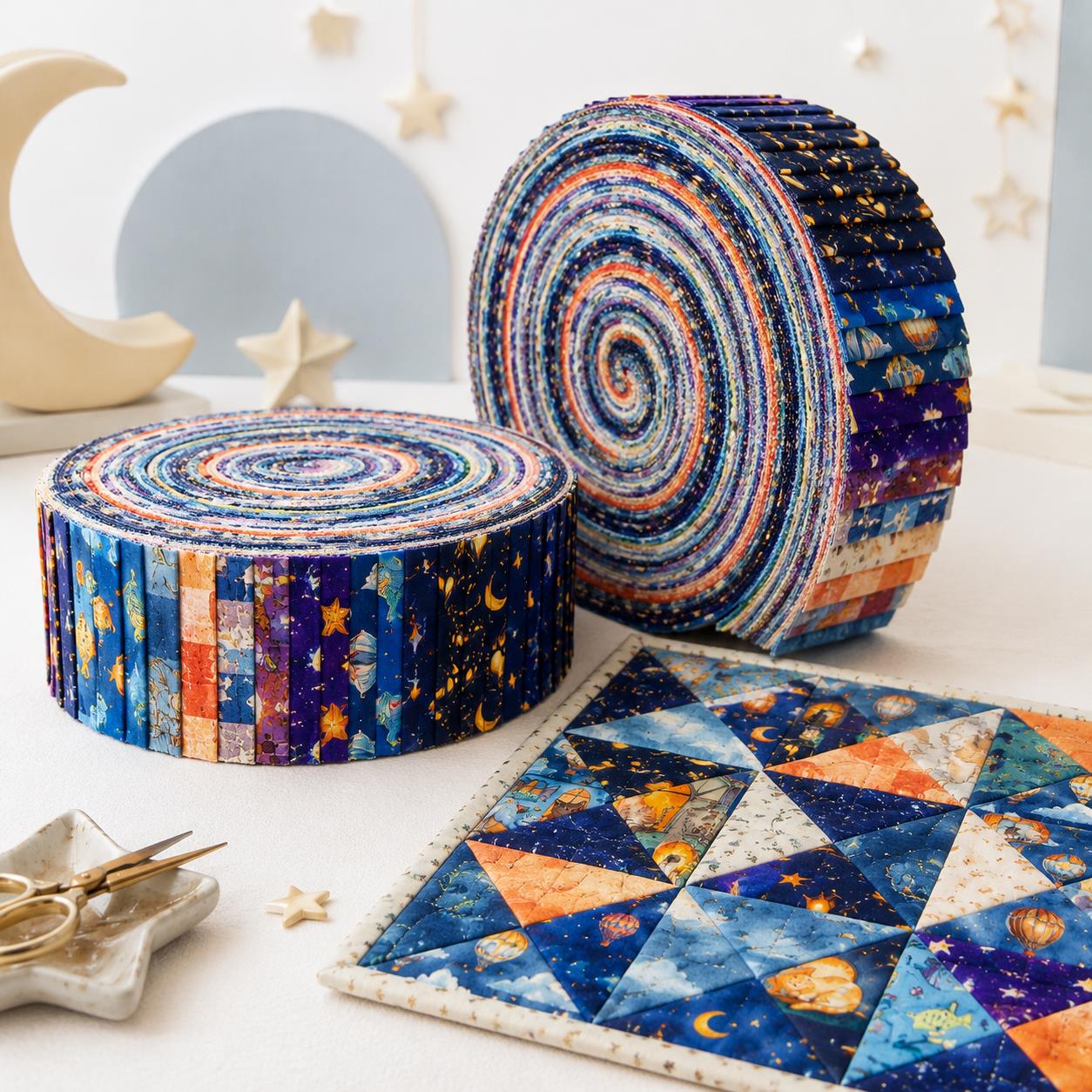 10pcs Vintage Moon Cat Fish Night Pattern Jelly Roll Fabric Strips 2.5X19.7inch Pre-cut 100% Polyester for Patchwork Quilts, Table Runners, Placemats, Tote Bags, Storage Pouches, Makeup Bags, Coasters, Quilt Blocks & Binding Halloween Gift