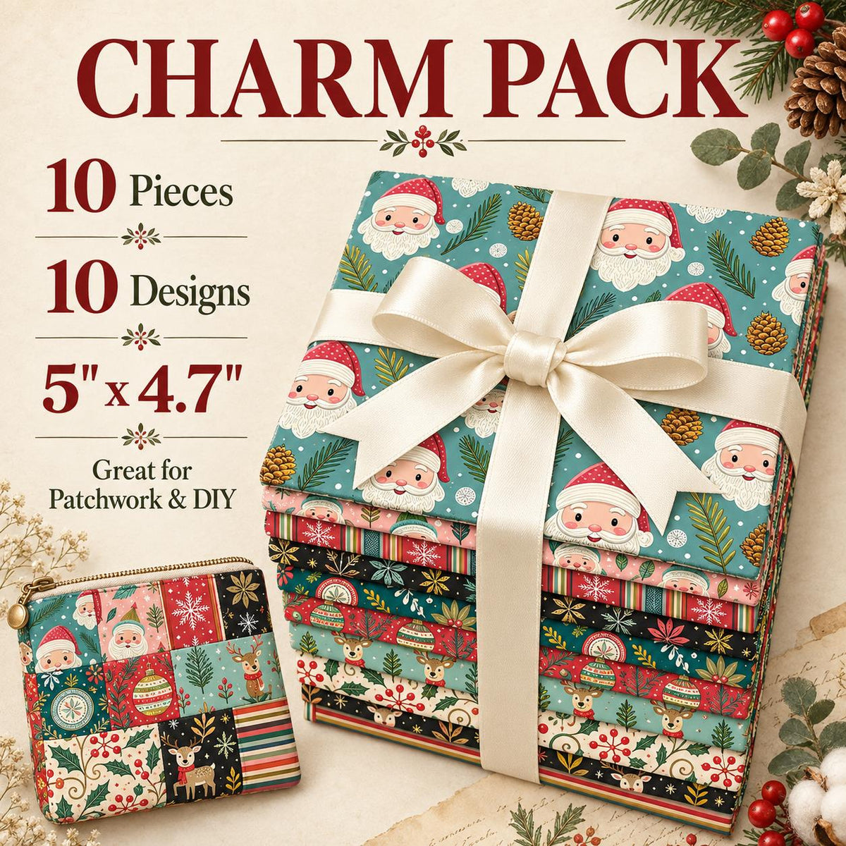10Pc/Set Christmas Series Flower Stripe Plaid Deer Santa Claus Holly Pinecones Fat Quarter Fabric, Pre-Cut Square Fabric Assort, Fabric Set, Craft Fabric, Handmade DIY Patchwork Fabric,Home Quilting Sewing Fabric, Packaging Fabric, Scrapbooking Craft Hobb