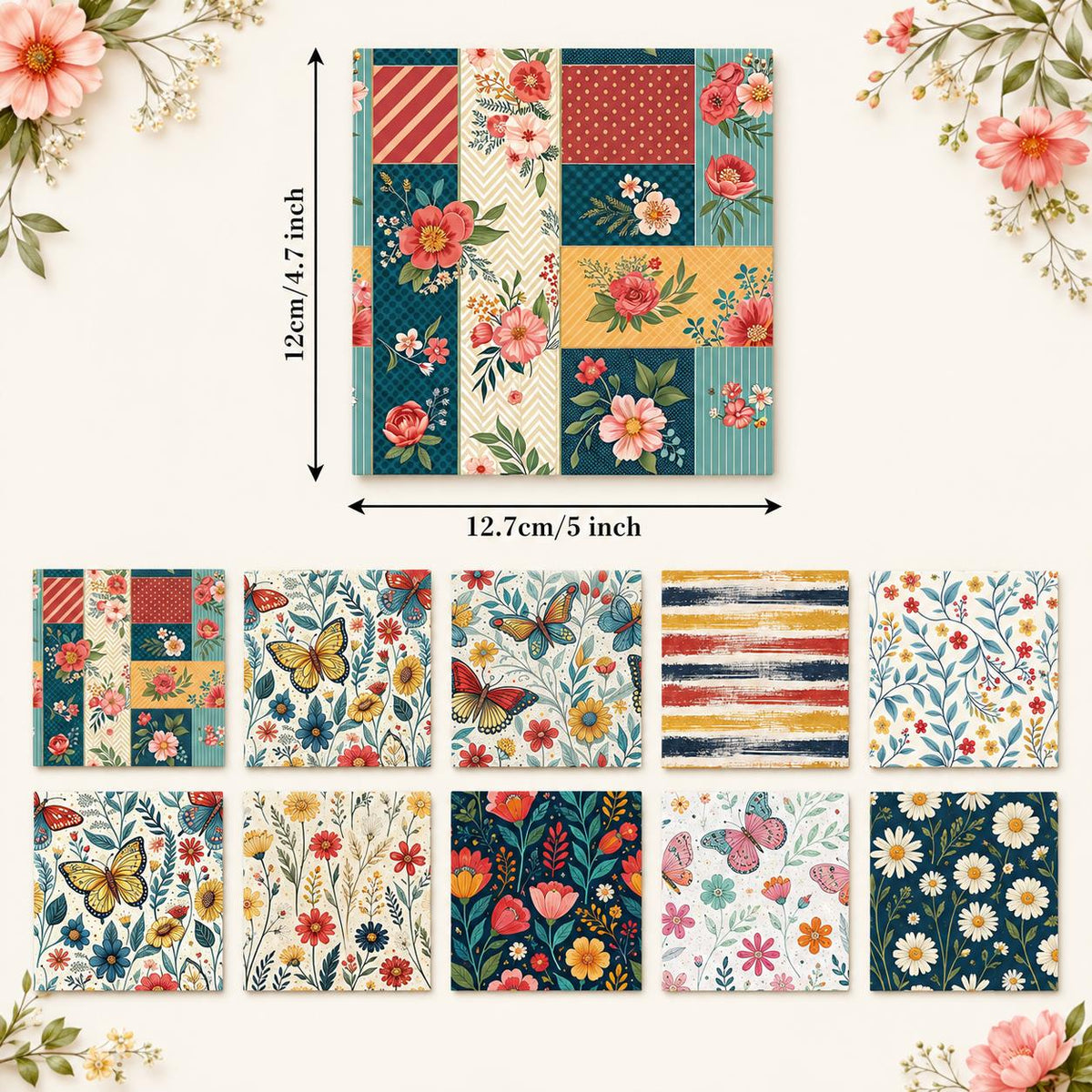 10Pc/Set Flower Series Dot Butterfly Plaid Fat Quarter Fabric, Pre-Cut Square Fabric Assort, Fabric Set, Craft Fabric, Handmade DIY Patchwork Fabric,Home Quilting Sewing Fabric, Packaging Fabric, Scrapbooking Craft Hobbyist