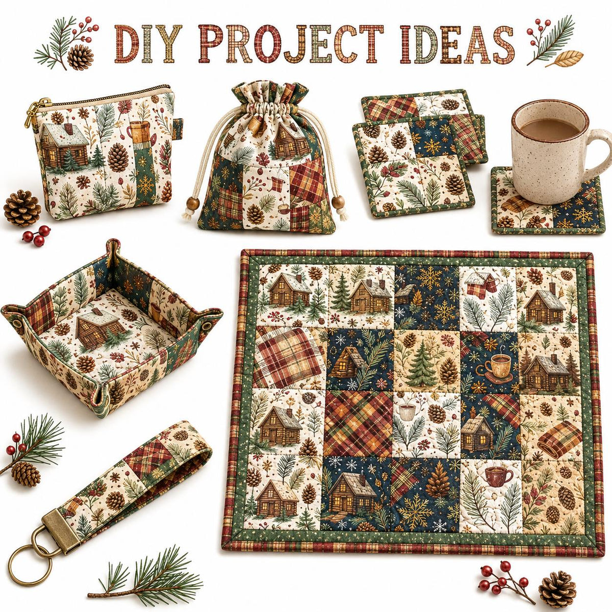 10Pc/Set Christmas Series Cup Tree House Coffee Plaid Fat Quarter Fabric, Pre-Cut Square Fabric Assort, Fabric Set, Craft Fabric, Handmade DIY Patchwork Fabric,Home Quilting Sewing Fabric, Packaging Fabric, Scrapbooking Craft Hobbyist