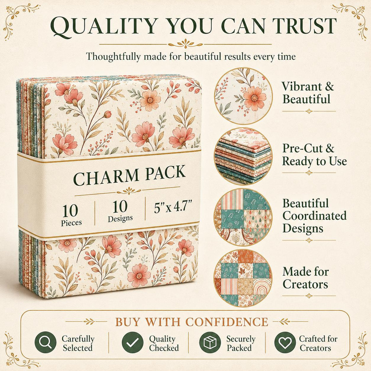10pcs Charm Pack Set Floral Stripe Pattern Vintage Style Handmade DIY with Rich Color and Texture Elements 100% Polyester Patchwork in 10 Design Styles Suitable for Patchwork DIY Craft Projects DIY Wallet Making Gift Giving Bag Making Mother's Day Gift