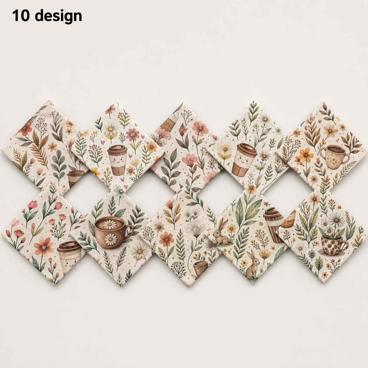 10Pc/Set Flower Series Rabbit Coffee Fat Quarter Fabric, Pre-Cut Square Fabric Assort, Fabric Set, Craft Fabric, Handmade DIY Patchwork Fabric,Home Quilting Sewing Fabric, Packaging Fabric, Scrapbooking Craft Hobbyist