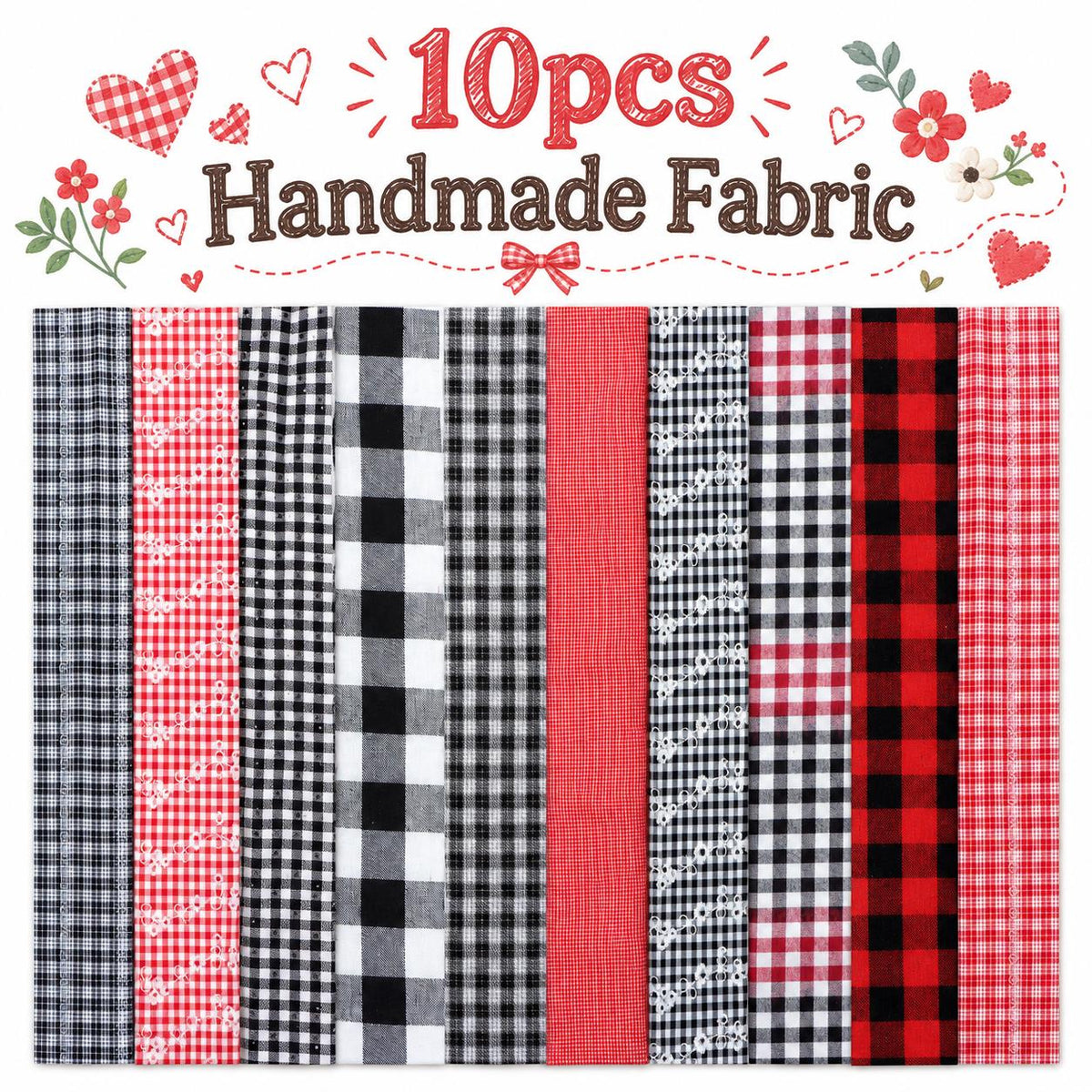10pcs Vintage Plaid Red & Black Pattern Jelly Roll Fabric Strips 2.5X19.7inch Pre-Cut 100% Polyester For Patchwork Quilts, Table Runners, Placemats, Tote Bags, Storage Pouches, Makeup Bags, Coasters, Quilt Blocks & Binding