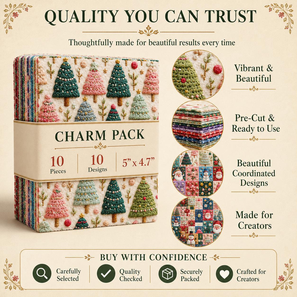 2D Flat 10Pc/Set Christmas Series Santa Claus Deer Holly Fat Quarter Fabric, Pre-Cut Square Fabric Assort, Fabric Set, Craft Fabric, Handmade DIY Patchwork Fabric,Home Quilting Sewing Fabric, Packaging Fabric, Scrapbooking Craft Hobbyist