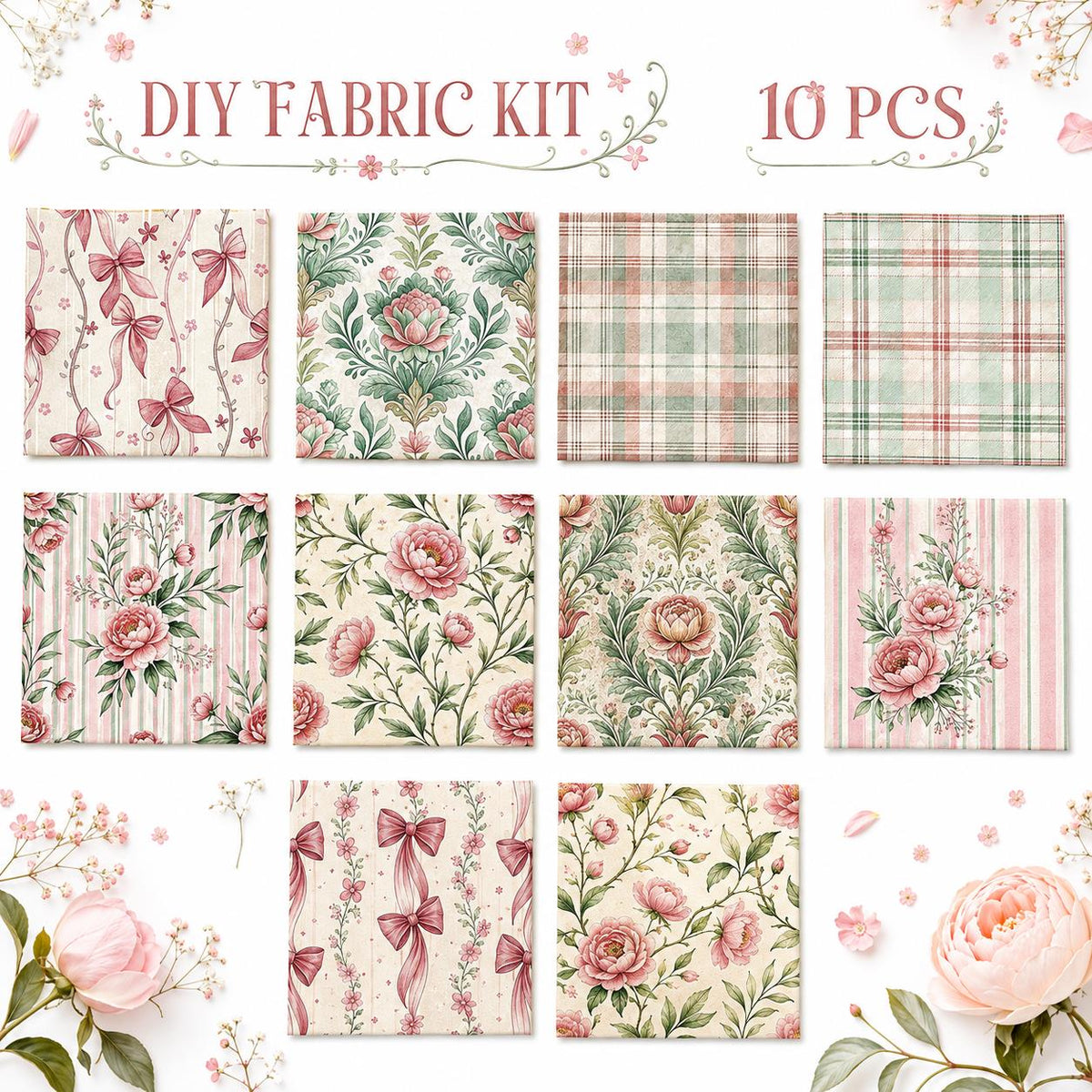10pcs Charm Pack Set Floral Pattern 100% Polyester Patchwork in 10 Design Styles, Ready-to-Sew Without Cutting, Suitable For Patchwork Wallet Making Gift Giving Tote Bags Coasters DIY Craft Projects For Mother's Gift