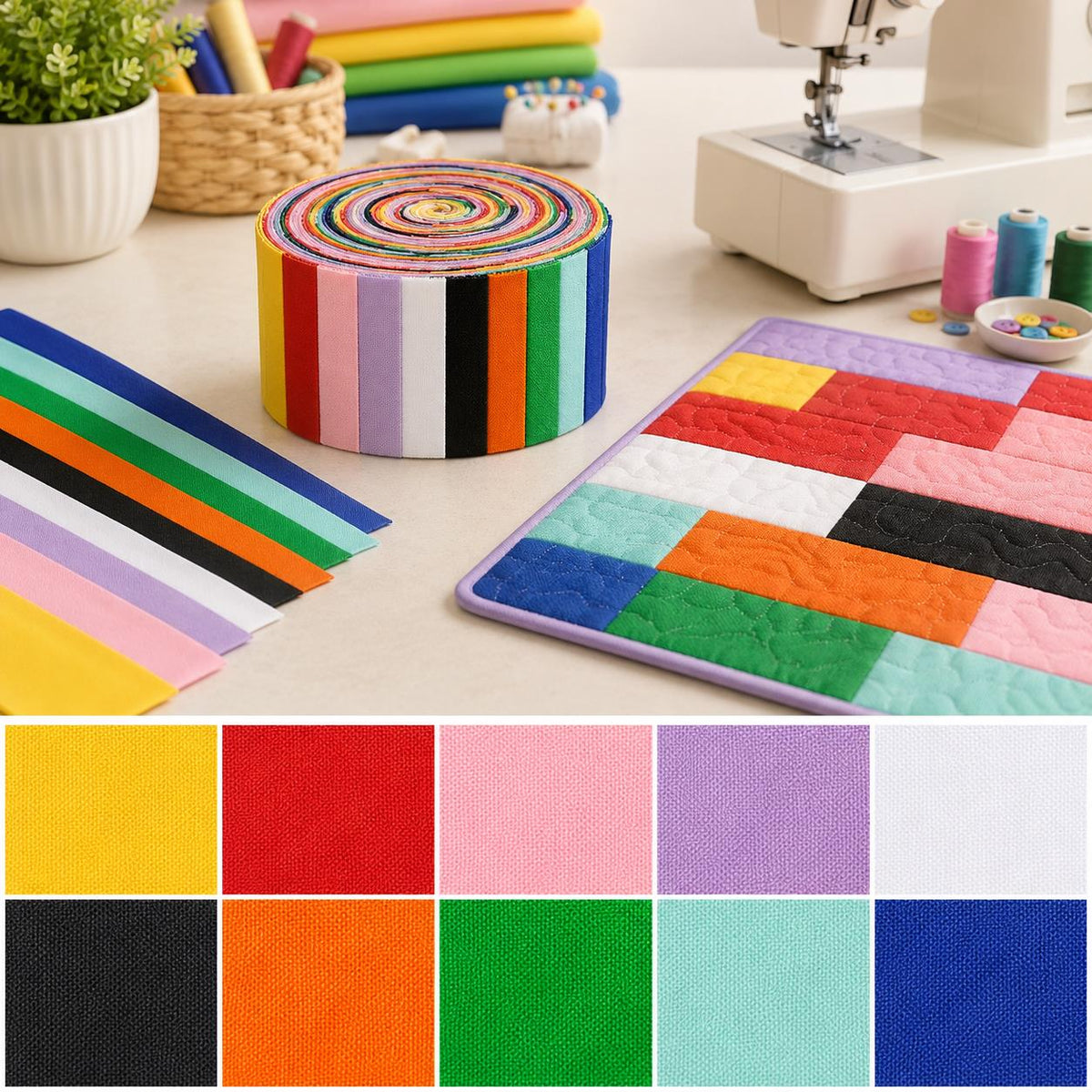 10pcs/Set, Making 10 Images 1pc Each, Each Size: 2.48*19.69inch Plain Solid Pattern Sliced Fabric Set Style Combination, Polyester Jelly Roll Fabric Strips, Pre-Cut Quilting Squares, for Quilting DIY, Handicrafts And Sewing, Blankets, Rugs