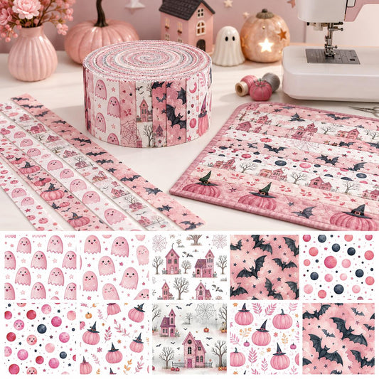 10pcs Vintage Pumpkin Bat Ghost Halloween Theme Jelly Roll Fabric Strips 2.5X19.7inch Pre-Cut 100% Polyester For Patchwork Quilts, Table Runners, Placemats, Tote Bags, Storage Pouches, Makeup Bags, Coasters, Quilt Blocks & Binding