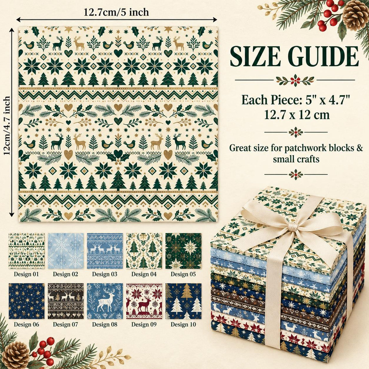 10Pc/Set Christmas Series Stripe Heart Star Bird Deer Horse Tree Pinecones Fat Quarter Fabric, Pre-Cut Square Fabric Assort, Fabric Set, Craft Fabric, Handmade DIY Patchwork Fabric,Home Quilting Sewing Fabric, Packaging Fabric, Scrapbooking Craft Hobbyist