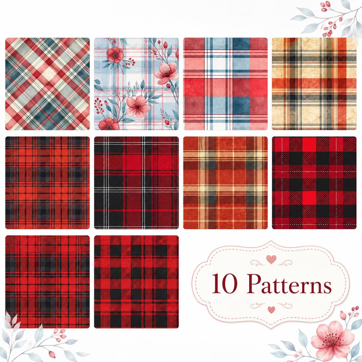 10pcs Vintage Plaid Red Floral Pattern Jelly Roll Fabric Strips 2.5X19.7inch Pre-Cut 100% Polyester For Patchwork Quilts, Table Runners, Placemats, Tote Bags, Storage Pouches, Makeup Bags, Coasters, Quilt Blocks & Binding