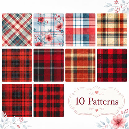 10pcs Vintage Plaid Red Floral Pattern Jelly Roll Fabric Strips 2.5X19.7inch Pre-Cut 100% Polyester For Patchwork Quilts, Table Runners, Placemats, Tote Bags, Storage Pouches, Makeup Bags, Coasters, Quilt Blocks & Binding