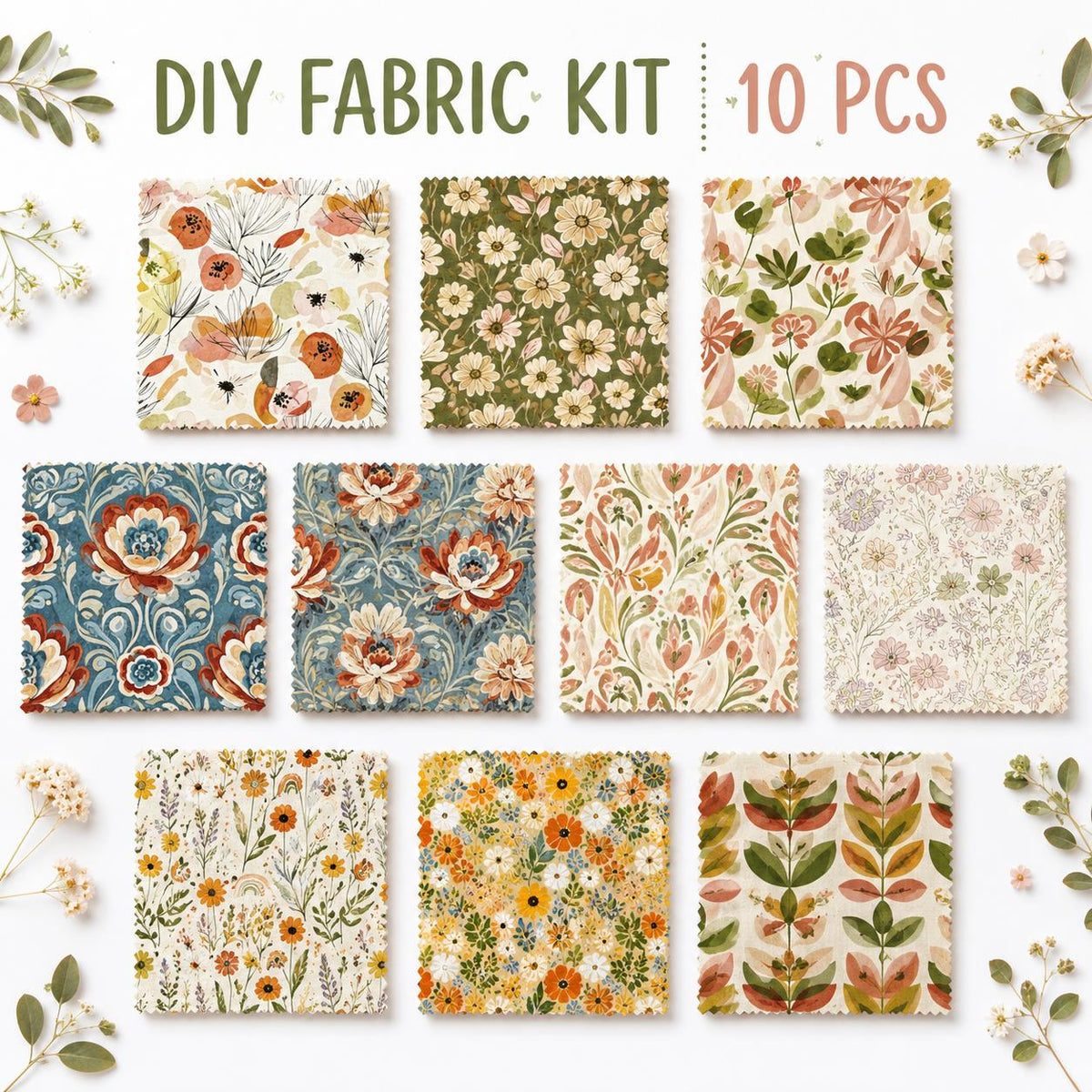 10pcs Charm Pack Set Floral Pattern Vintage Style Handmade DIY with Rich Color and Texture Elements 100% Polyester Patchwork in 10 Design Styles Suitable for Patchwork DIY Craft Projects DIY Wallet Making Gift Giving Bag Making Mother's Day Gift