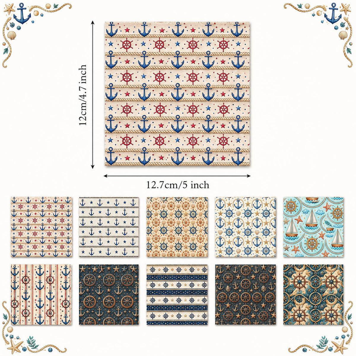 10pcs Charm Pack Set Anchor Pattern 100% Polyester Patchwork in 10 Design Styles, Ready-to-Sew Without Cutting, Suitable For Patchwork Wallet Making Gift Giving Tote Bags Coasters DIY Craft Projects