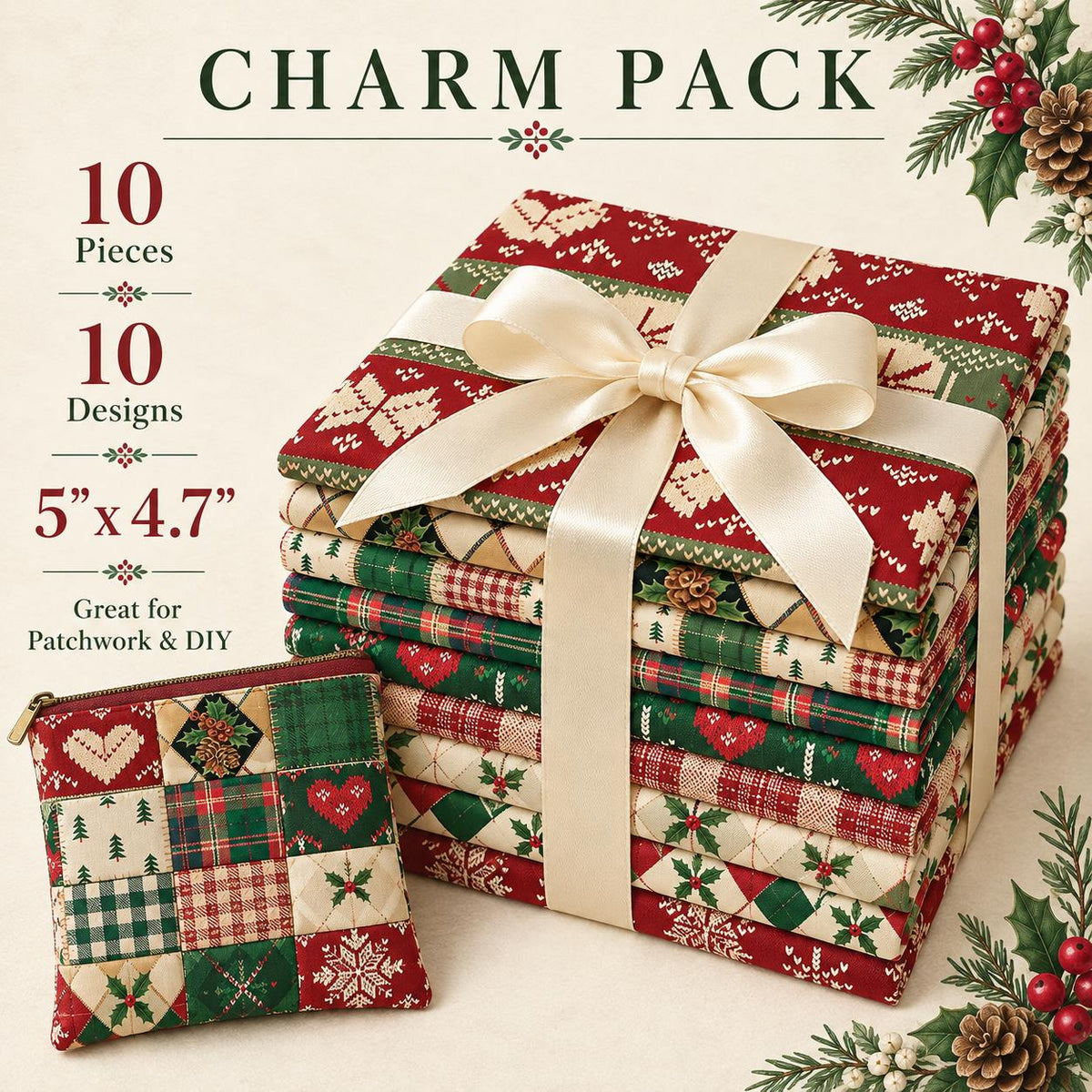 10Pc/Set Christmas Series Stripe Heart Plaid Holly Pinecones Fat Quarter Fabric, Pre-Cut Square Fabric Assort, Fabric Set, Craft Fabric, Handmade DIY Patchwork Fabric,Home Quilting Sewing Fabric, Packaging Fabric, Scrapbooking Craft Hobbyist