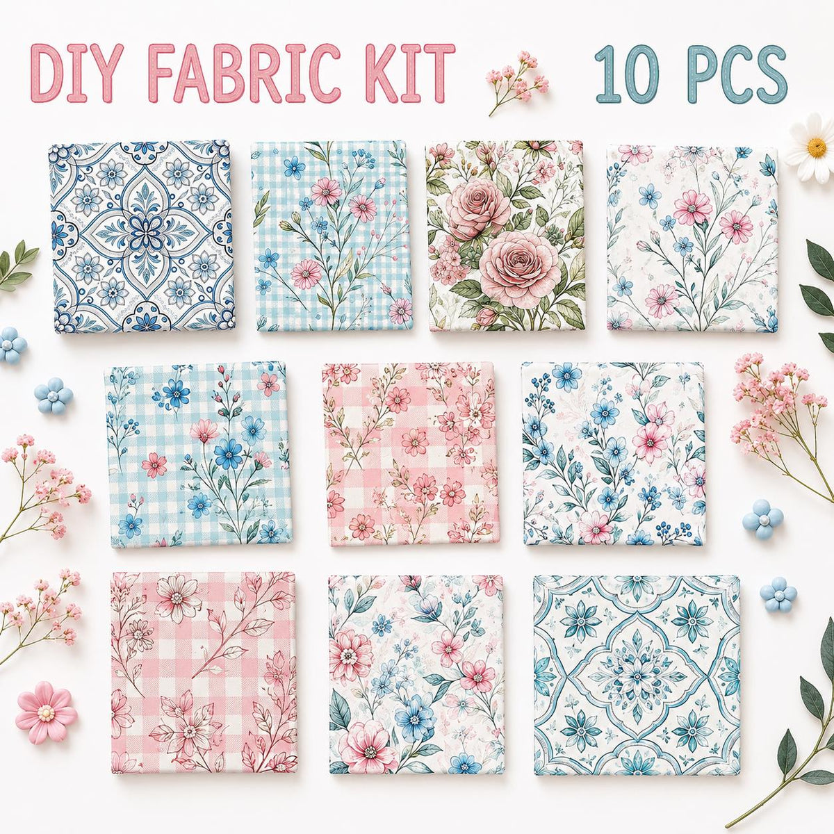 10Pc/Set Plaid Flower Series Fat Quarter Fabric, Pre-Cut Square Fabric Assort, Fabric Set, Craft Fabric, Handmade DIY Patchwork Fabric,Home Quilting Sewing Fabric, Packaging Fabric, Scrapbooking Craft Hobbyist