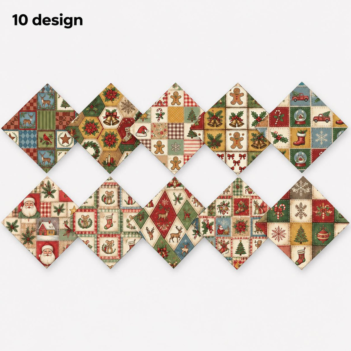 10Pc/Set Christmas Series Bowknot Flower Bell Star Plaid Deer Tree Mouse Holly House Pinecones Northern Cardinal Fat Quarter Fabric, Pre-Cut Square Fabric Assort, Fabric Set, Craft Fabric, Handmade DIY Patchwork Fabric,Home Quilting Sewing Fabric, Packagi