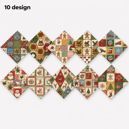 10Pc/Set Christmas Series Bowknot Flower Bell Star Plaid Deer Tree Mouse Holly House Pinecones Northern Cardinal Fat Quarter Fabric, Pre-Cut Square Fabric Assort, Fabric Set, Craft Fabric, Handmade DIY Patchwork Fabric,Home Quilting Sewing Fabric, Packagi