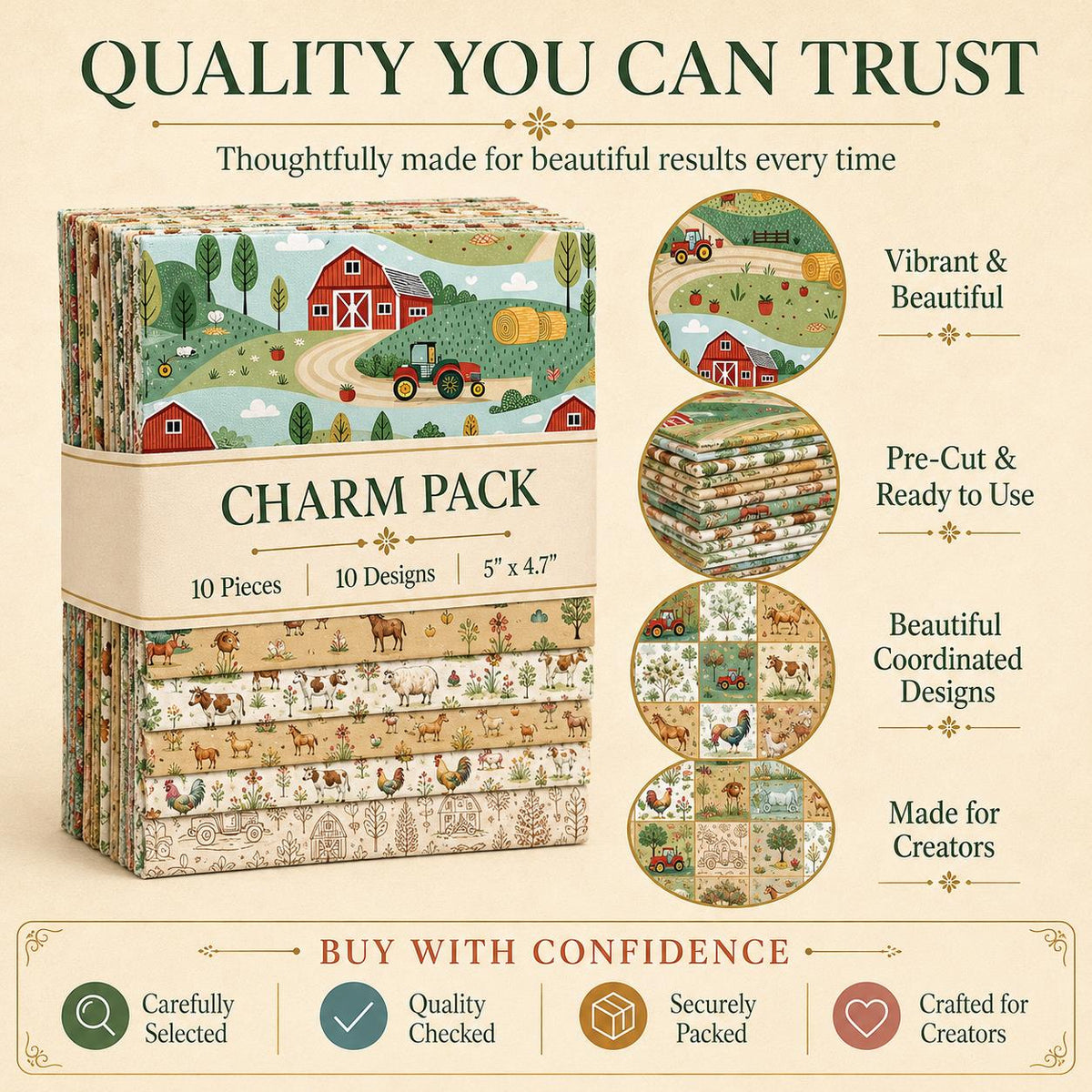 10pcs Charm Pack Set Farm House Cow Pattern Vintage Style Handmade DIY with Rich Color and Texture Elements 100% Polyester Patchwork in 10 Design Styles Suitable for Patchwork DIY Craft Projects DIY Wallet Making Gift Giving Bag Making Mother's Day Gift