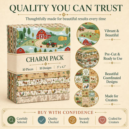 10pcs Charm Pack Set Farm House Cow Pattern Vintage Style Handmade DIY with Rich Color and Texture Elements 100% Polyester Patchwork in 10 Design Styles Suitable for Patchwork DIY Craft Projects DIY Wallet Making Gift Giving Bag Making Mother's Day Gift