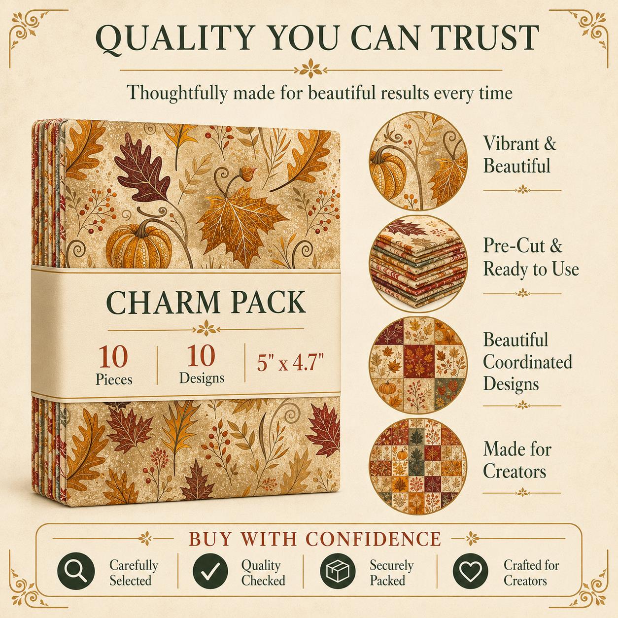 10pcs Charm Pack Set Maple leaf Pumpkin Autumn Vintage Style Pattern Handmade DIY with Rich Color and Texture Elements 100% Polyester Patchwork in 10 Design Styles Suitable for Patchwork DIY Craft Projects DIY Wallet Making Gift Giving Bag Making Mother's