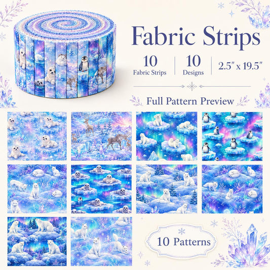 10pcs Vintage Penguin Seal Polar Bear Blue Aurora Ocean Theme Jelly Roll Fabric Strips 2.5X19.7inch Pre-Cut 100% Polyester For Patchwork Quilts, Table Runners, Placemats, Tote Bags, Storage Pouches, Makeup Bags, Coasters, Quilt Blocks & Binding