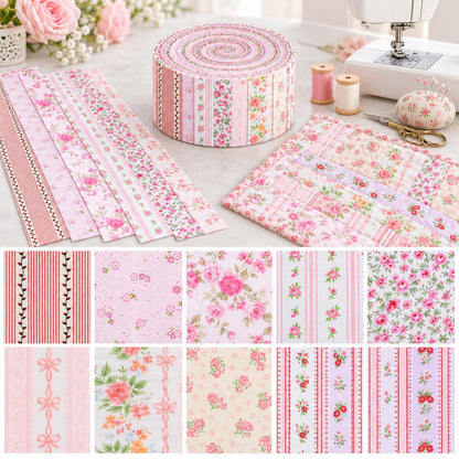 10pcs Vintage Floral Pink Pattern Jelly Roll Fabric Strips 2.5X19.7inch Pre-cut 100% Polyester for Patchwork Quilts, Table Runners, Placemats, Tote Bags, Storage Pouches, Makeup Bags, Coasters, Quilt Blocks & Binding Multi-color