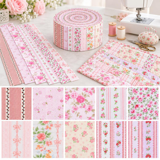 10pcs Vintage Floral Pink Pattern Jelly Roll Fabric Strips 2.5X19.7inch Pre-cut 100% Polyester for Patchwork Quilts, Table Runners, Placemats, Tote Bags, Storage Pouches, Makeup Bags, Coasters, Quilt Blocks & Binding Multi-color