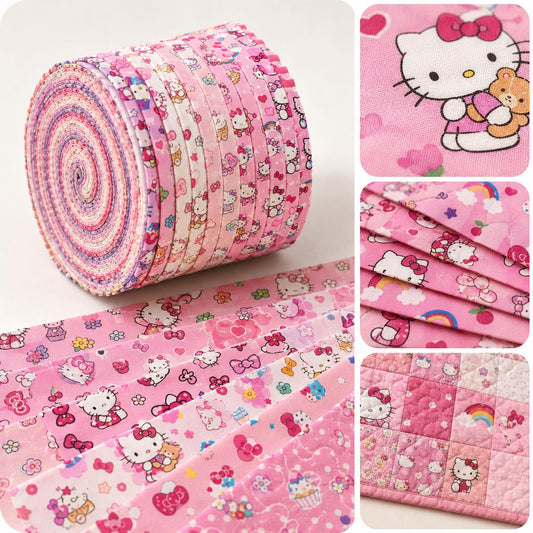 10pcs Vintage Sanrio Hello Kitty Pattern Jelly Roll Fabric Strips 2.5X19.7inch Pre-Cut 100% Polyester For Patchwork Quilts, Table Runners, Placemats, Tote Bags, Storage Pouches, Makeup Bags, Coasters, Quilt Blocks & Binding