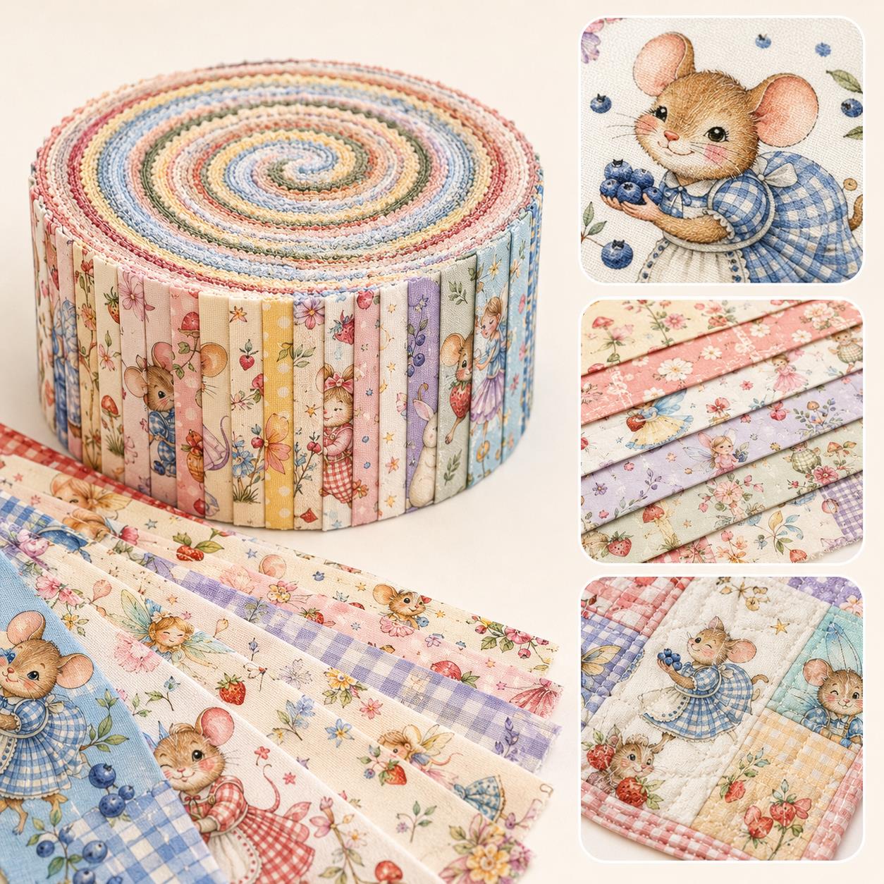 20pcs Vintage Mouse Fruit Jelly Roll Sliced Fabric Strips 2.5X19.7inch Pre-cut Fresh and Delicate Printed Multi-Color 100% Polyester for DIY Handmade Patchwork, Table Runners, Placemats, Tote Bags, Storage Pouches, Makeup Bags, Coasters, Quilt Blocks
