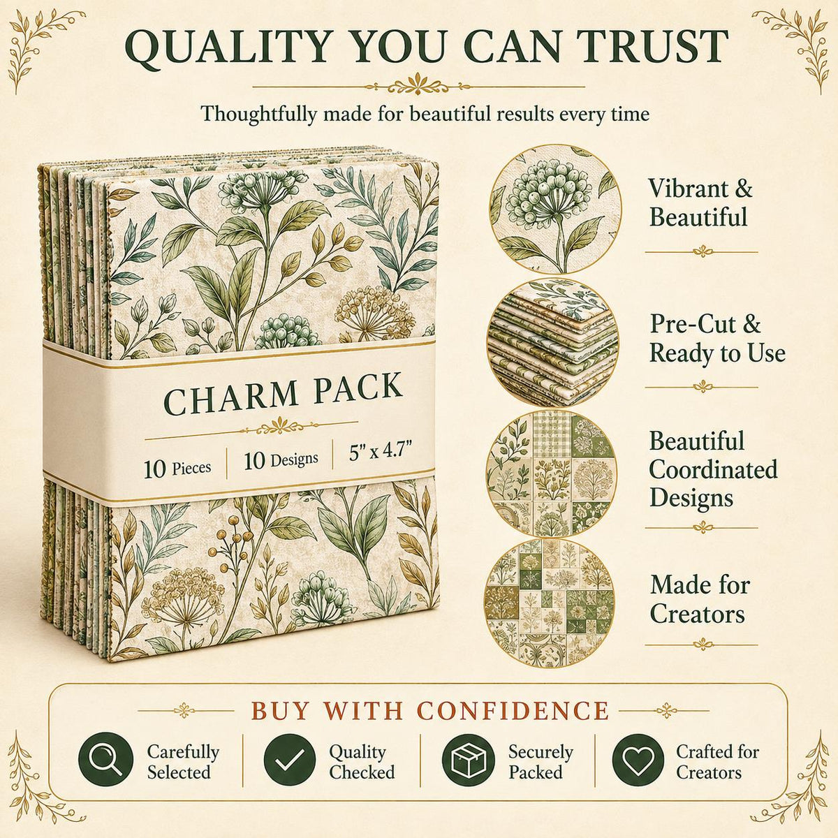 10pcs Charm Pack Set Green Floral Pattern 100% Polyester Patchwork in 10 Design Styles, Ready-to-Sew Without Cutting, Suitable For Patchwork Wallet Making Gift Giving Tote Bags Coasters DIY Craft Projects For Mother's Gift