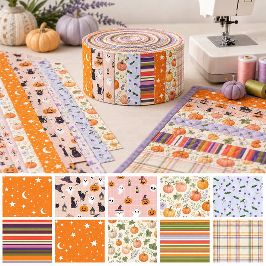 10pcs Vintage Pumpkin Cat Autumn Pattern Jelly Roll Fabric Strips 2.5X19.7inch Pre-Cut 100% Polyester For Patchwork Quilts, Table Runners, Placemats, Tote Bags, Storage Pouches, Makeup Bags, Coasters, Quilt Blocks & Binding