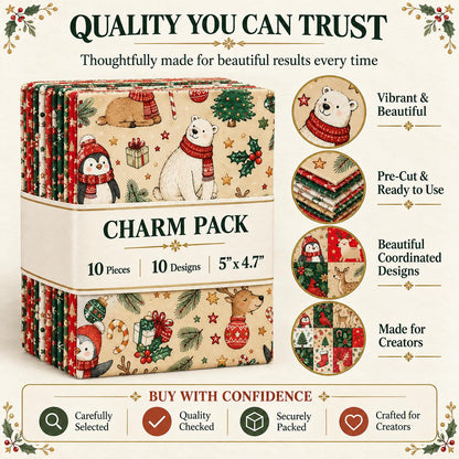 10Pc/Set Christmas Series Flower Bell Star Tree Penguin Bear Holly Crutch Pinecones Northern Cardinal Fat Quarter Fabric, Pre-Cut Square Fabric Assort, Fabric Set, Craft Fabric, Handmade DIY Patchwork Fabric,Home Quilting Sewing Fabric, Packaging Fabric,