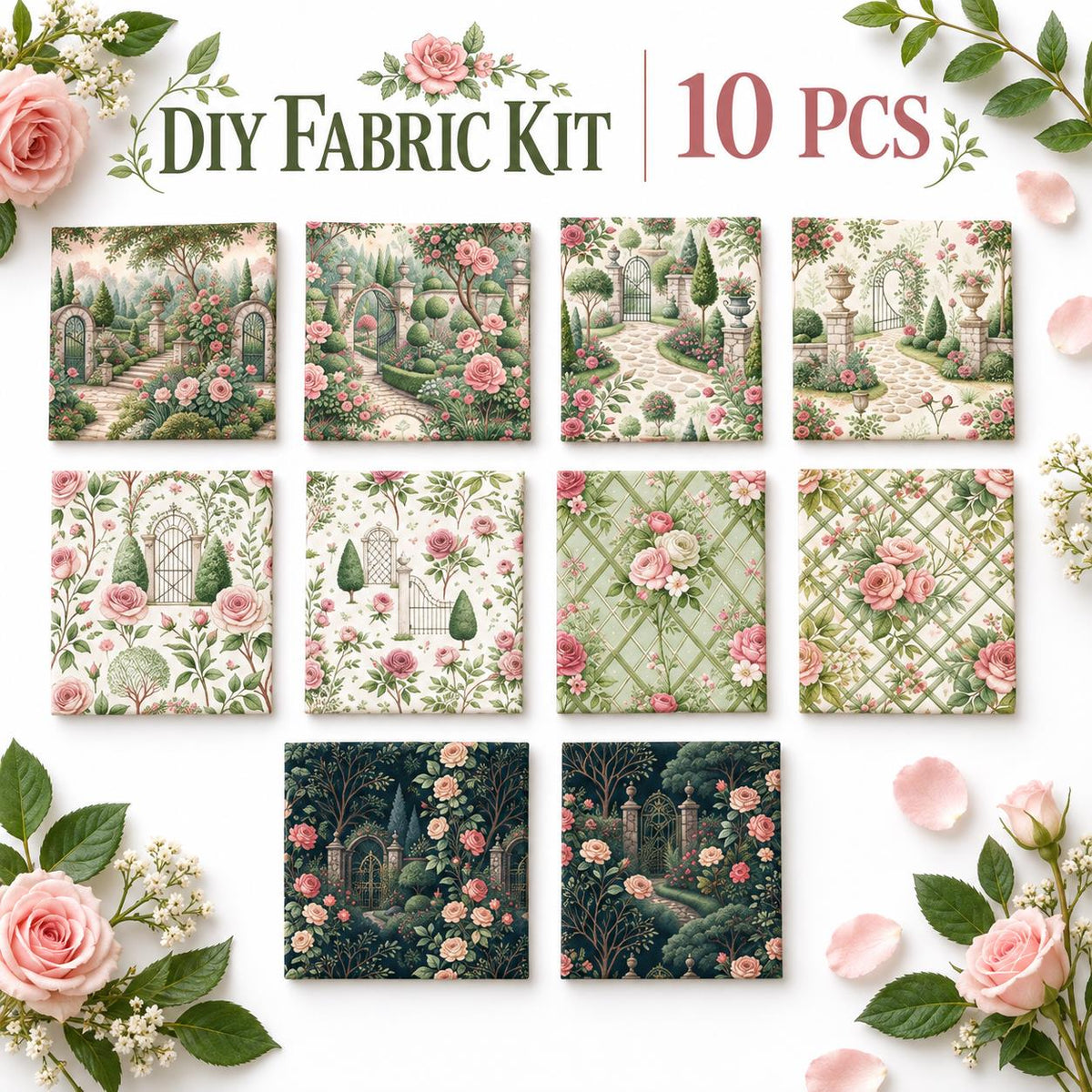 10Pc/Set Flower Tree House Series Fat Quarter Fabric, Pre-Cut Square Fabric Assort, Fabric Set, Craft Fabric, Handmade DIY Patchwork Fabric,Home Quilting Sewing Fabric, Packaging Fabric, Scrapbooking Craft Hobbyist