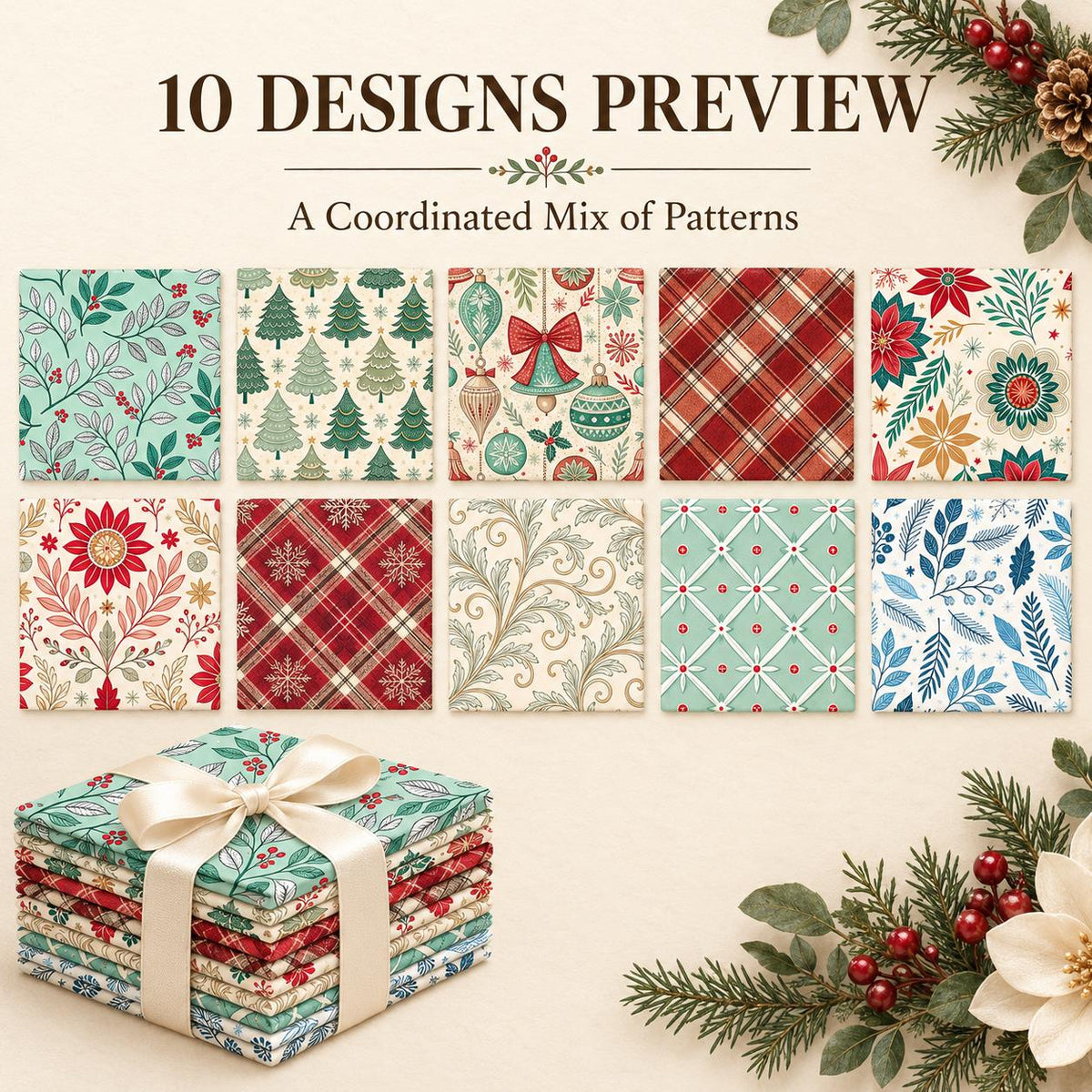 10Pc/Set Christmas Flower Series Plaid Tree Bell Fat Quarter Fabric, Pre-Cut Square Fabric Assort, Fabric Set, Craft Fabric, Handmade DIY Patchwork Fabric,Home Quilting Sewing Fabric, Packaging Fabric, Scrapbooking Craft Hobbyist