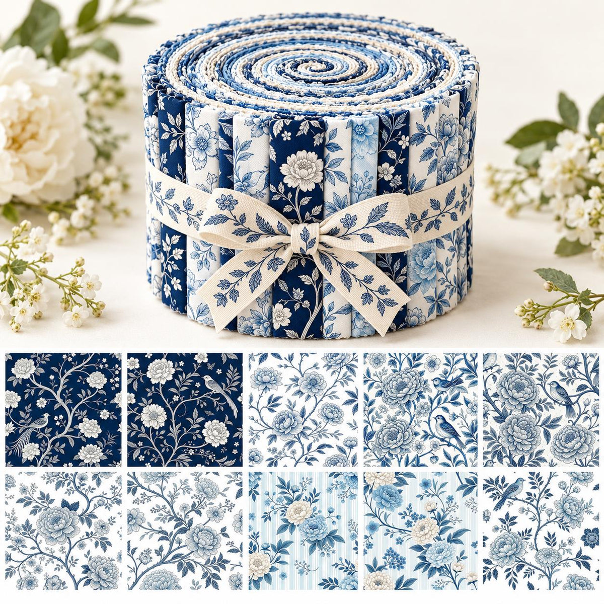 10pcs Vintage Blue Floral Pattern Jelly Roll Fabric Strips 2.5X19.7inch Pre-Cut 100% Polyester For Patchwork Quilts, Table Runners, Placemats, Tote Bags, Storage Pouches, Makeup Bags, Coasters, Quilt Blocks & Binding