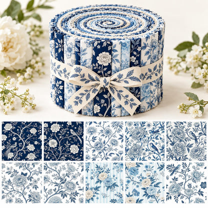 10pcs Vintage Blue Floral Pattern Jelly Roll Fabric Strips 2.5X19.7inch Pre-Cut 100% Polyester For Patchwork Quilts, Table Runners, Placemats, Tote Bags, Storage Pouches, Makeup Bags, Coasters, Quilt Blocks & Binding