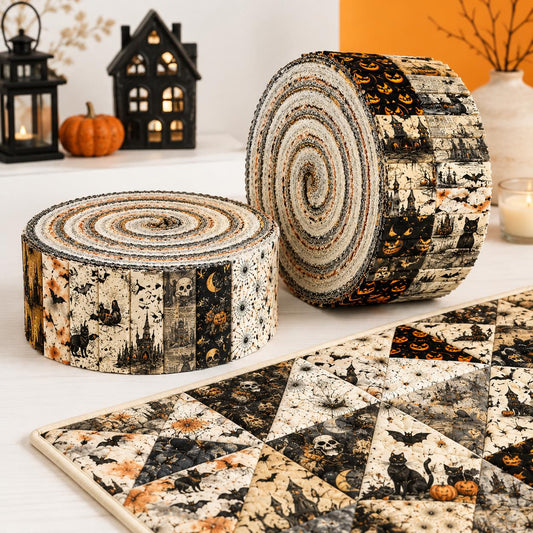 10pcs Vintage Skull Cat Pumpkin Black Halloween Theme Jelly Roll Fabric Strips 2.5X19.7inch Pre-Cut 100% Polyester For Patchwork Quilts, Table Runners, Placemats, Tote Bags, Storage Pouches, Makeup Bags, Coasters, Quilt Blocks & Binding