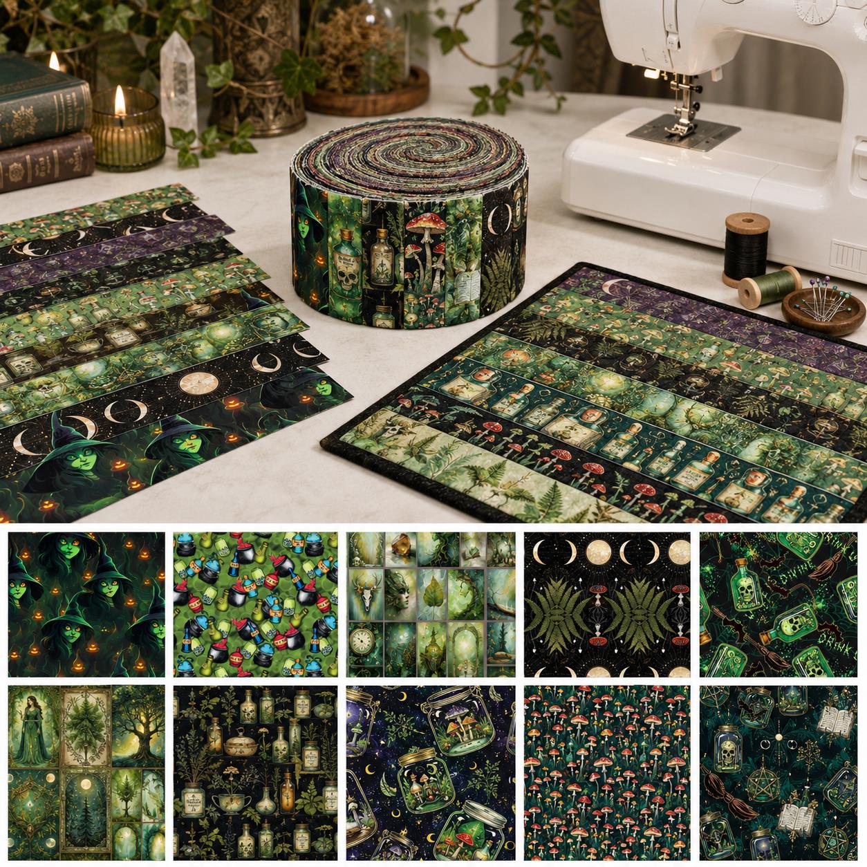 10pcs Vintage Wishing Bottle Skull Dark Pattern Jelly Roll Fabric Strips 2.5X19.7inch Pre-cut 100% Polyester for Patchwork Quilts, Table Runners, Placemats, Tote Bags, Storage Pouches, Makeup Bags, Coasters, Quilt Blocks & Binding Halloween Gift