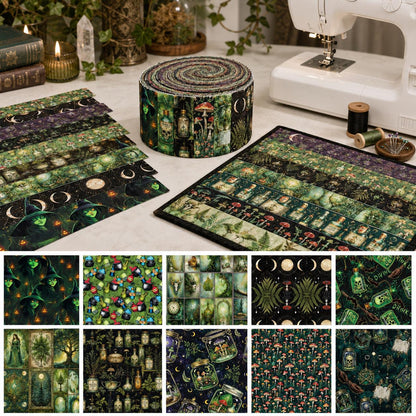 10pcs Vintage Wishing Bottle Skull Dark Pattern Jelly Roll Fabric Strips 2.5X19.7inch Pre-cut 100% Polyester for Patchwork Quilts, Table Runners, Placemats, Tote Bags, Storage Pouches, Makeup Bags, Coasters, Quilt Blocks & Binding Halloween Gift