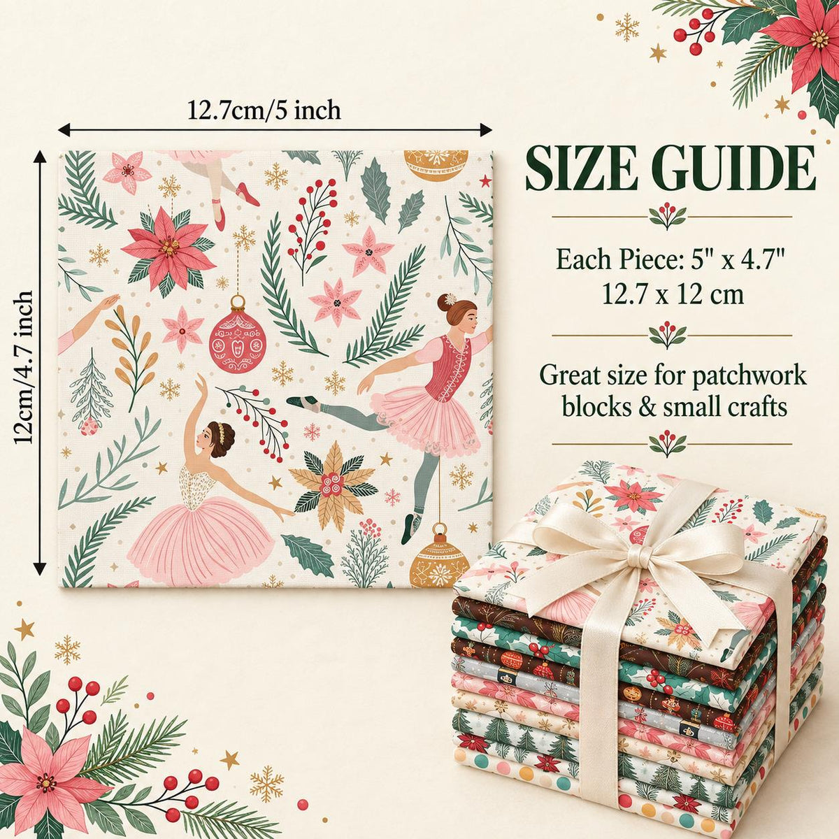 10Pc/Set Christmas Series Flower Ballet Tree Holly Fat Quarter Fabric, Pre-Cut Square Fabric Assort, Fabric Set, Craft Fabric, Handmade DIY Patchwork Fabric,Home Quilting Sewing Fabric, Packaging Fabric, Scrapbooking Craft Hobbyist
