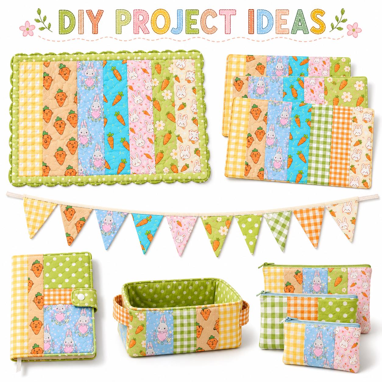 10pcs Vintage carrot Rabbit Bunny Pattern Jelly Roll Fabric Strips 2.5X19.7inch Pre-cut 100% Polyester for Patchwork Quilts, Table Runners, Placemats, Tote Bags, Storage Pouches, Makeup Bags, Coasters, Quilt Blocks & Binding