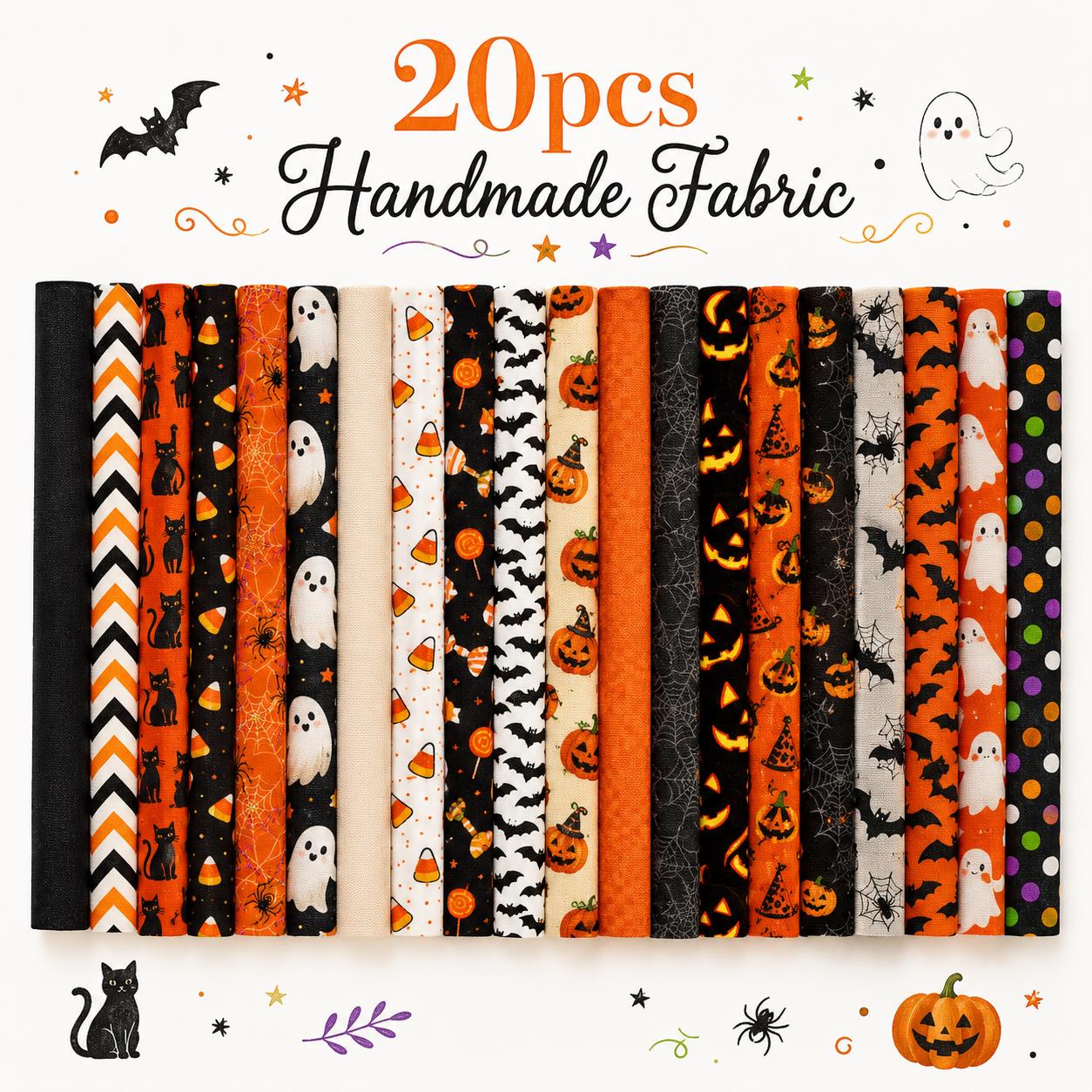 20pcs Vintage Jelly Roll Sliced Fabric Bat Pumpkin Ghost Halloween Series Fabric Strips 2.5X19.7inch Pre-cut Fresh and Delicate Printed Multi-Color 100% Polyester for DIY Handmade Patchwork, Table Runners, Placemats, Tote Bags, Storage Pouches